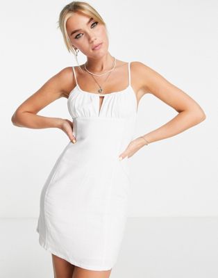 Pull&Bear rustic linen mini dress with cut out detail in white