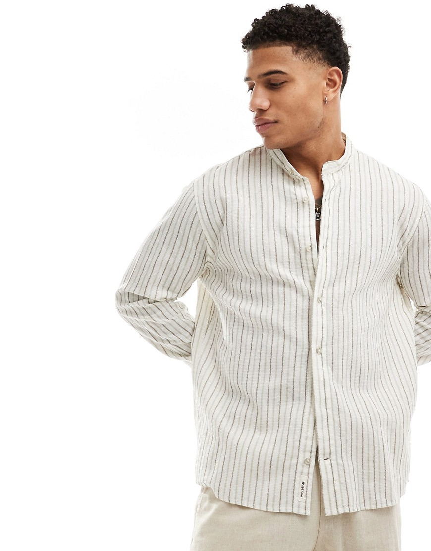 Pull & Bear rustic linen stripe grandad neck shirt in ecru-Neutral