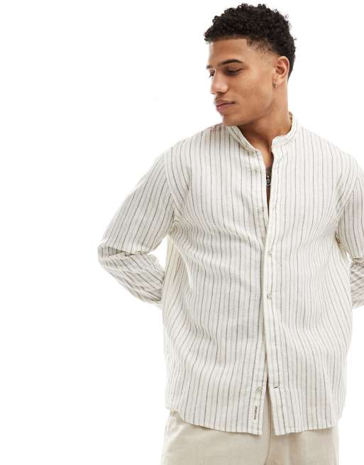 Pull&Bear rustic linen stripe grandad neck shirt in ecru