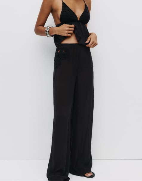 Pull&Bear Rustic pants with crochet embroidery in black