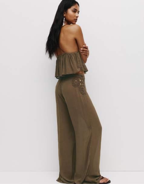 Pull&Bear Rustic pants with crochet embroidery in brown