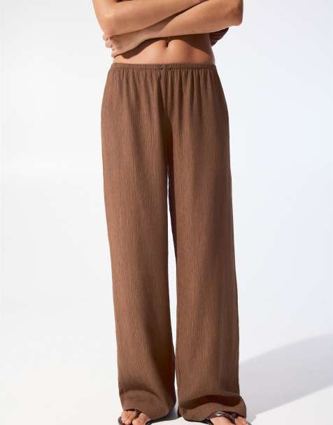 Pull&Bear rustic pyjama style trousers in brown - view 1