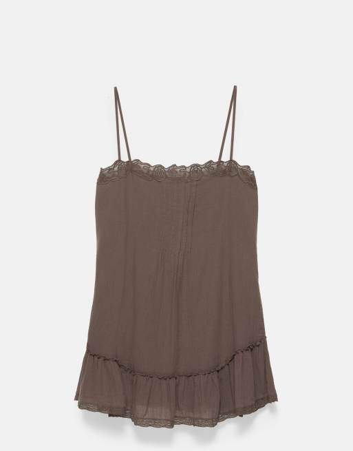 Pull&Bear Rustic ruffled strap dress in brown, 5 of 7