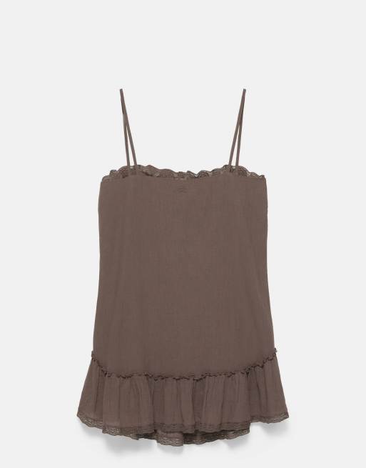 Pull&Bear Rustic ruffled strap dress in brown, 7 of 7