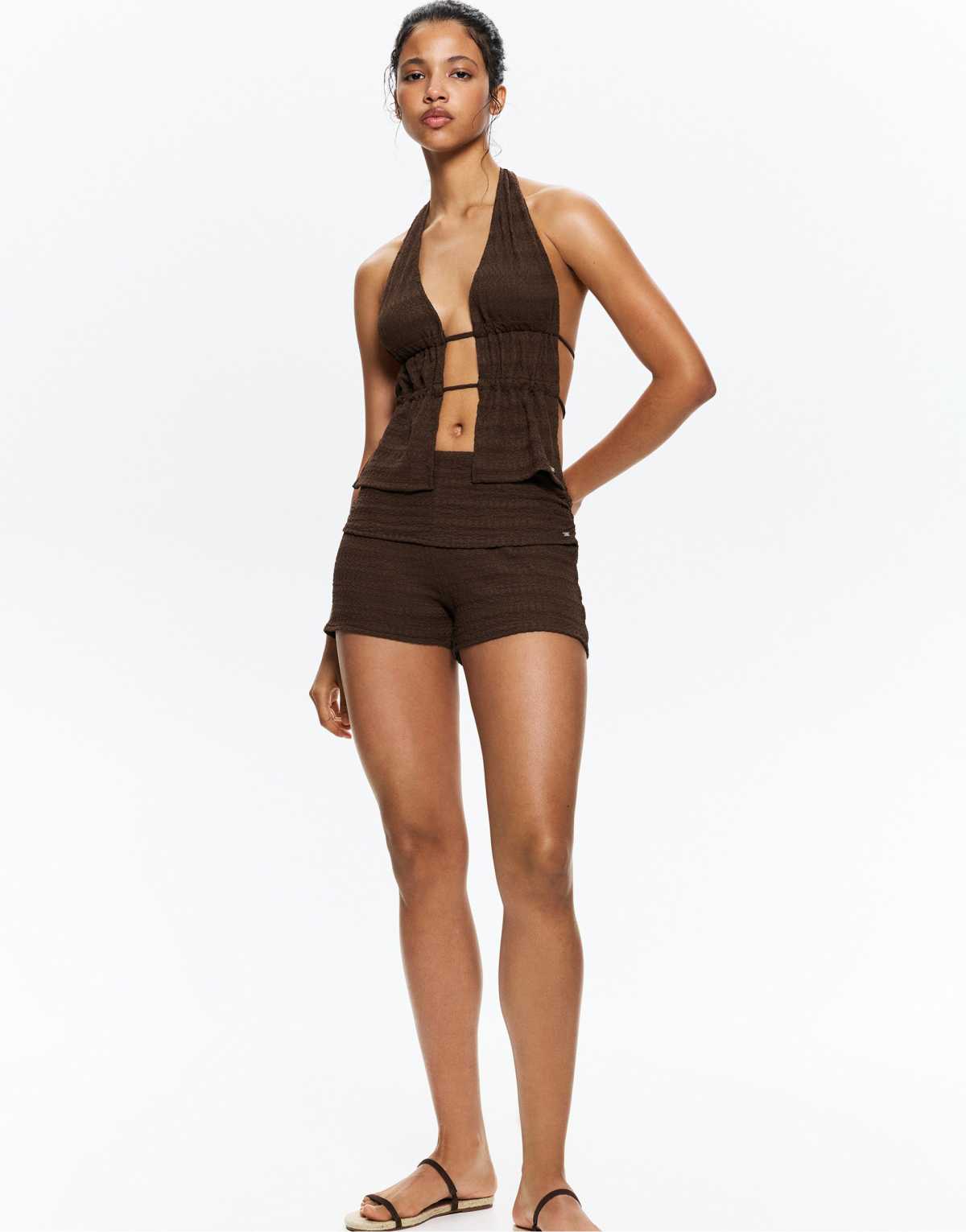 Pull&Bear rustic shorts with fold over waist in chocolate