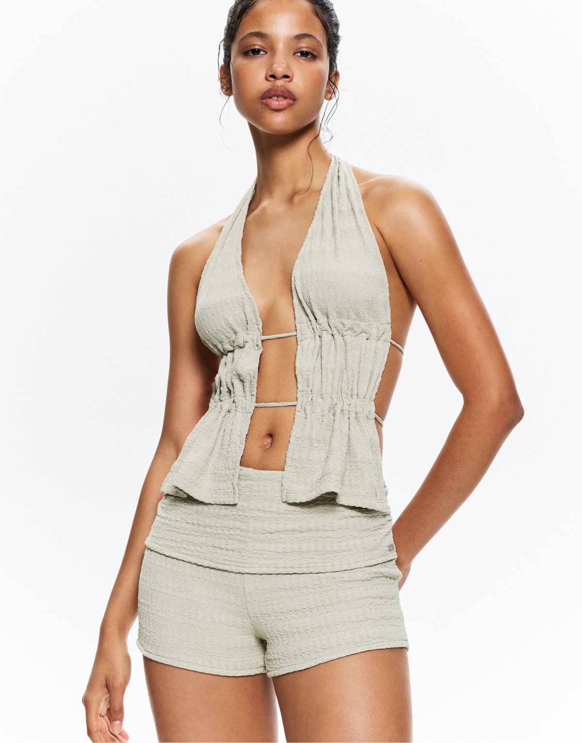 Pull&Bear rustic shorts with fold over waist in pale green