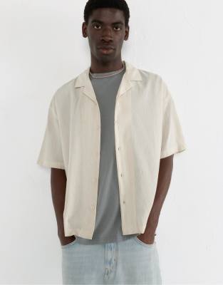 Pull & Bear Rustic Striped Short Sleeve Shirt In Neutral