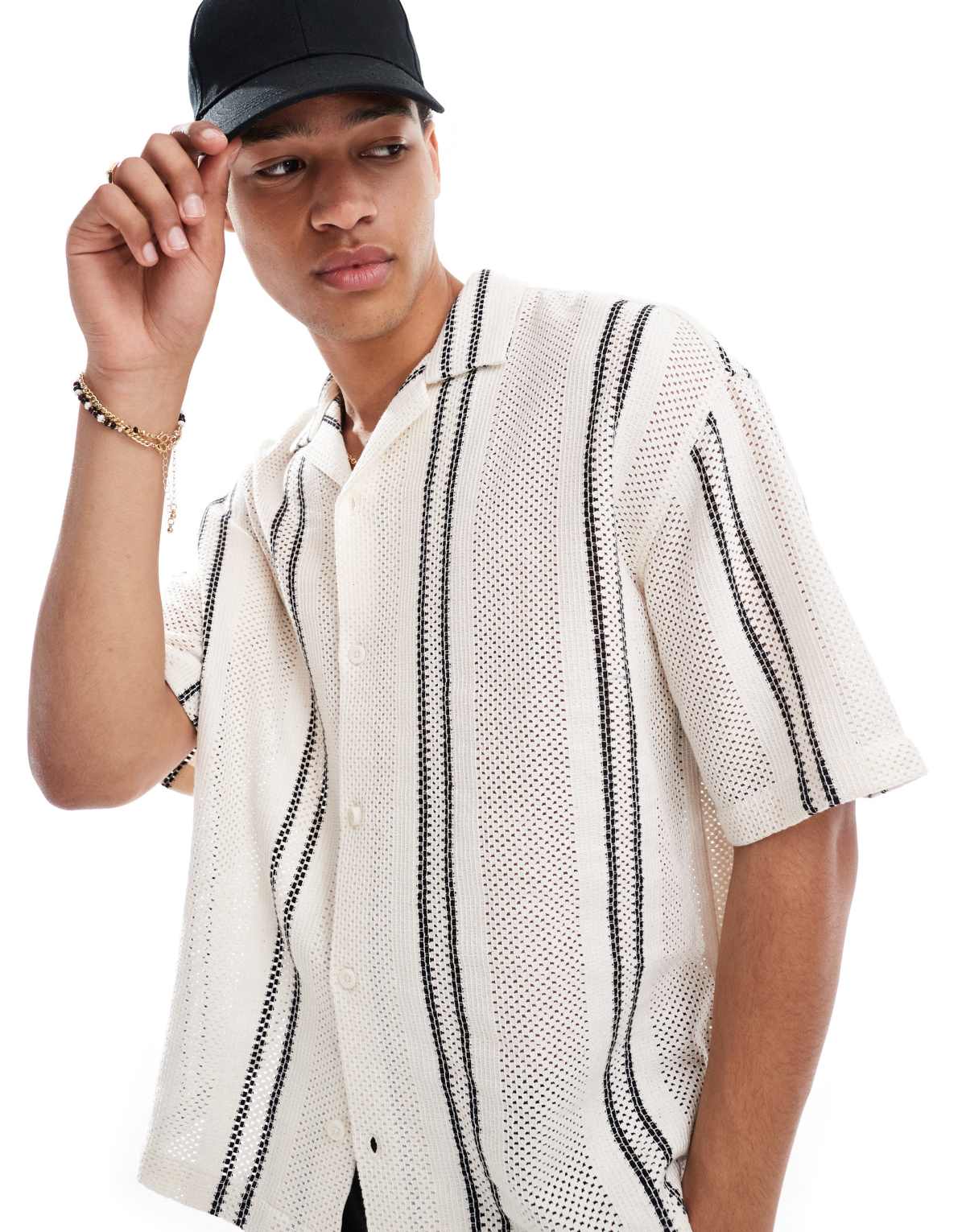 Pull&Bear rustic textured striped shirt in ecru