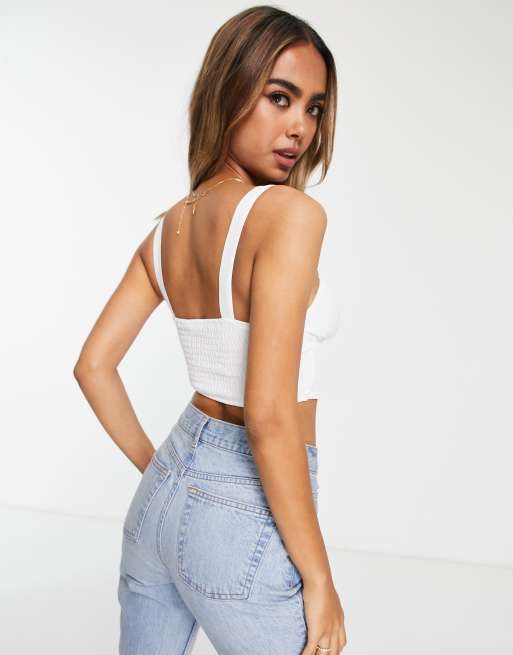 Pull&Bear rustic tie front corset top in white