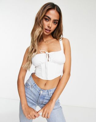 Pull&Bear rustic tie front corset top in white | ASOS