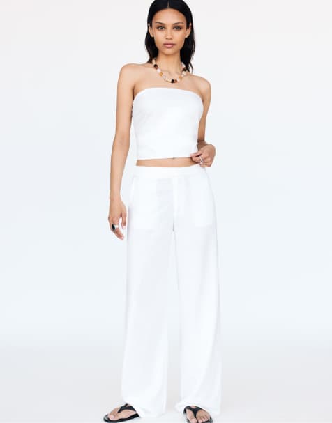 Pull&Bear rustic trousers with crossover waist in white - view 1