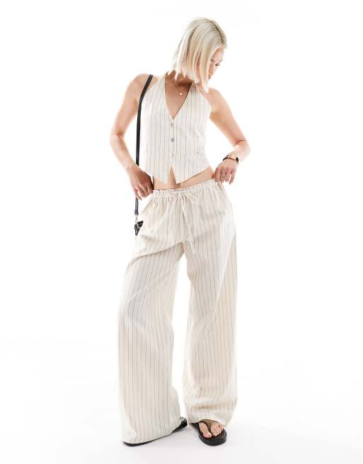 Pull&Bear rustic wide leg pants set in ecru