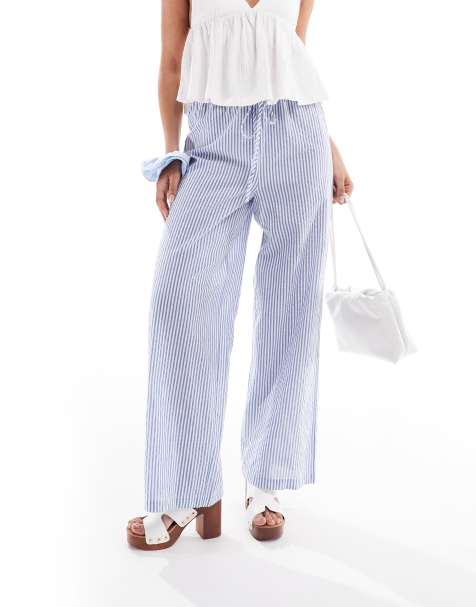 Pull&Bear rustic wide leg trouser in ecru & navy stripe - view 1
