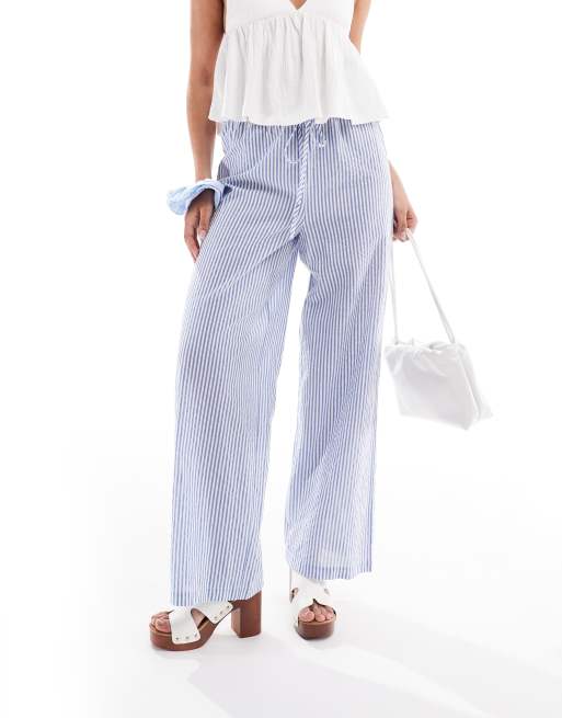 Pull&Bear rustic wide leg trouser in ecru & navy stripe