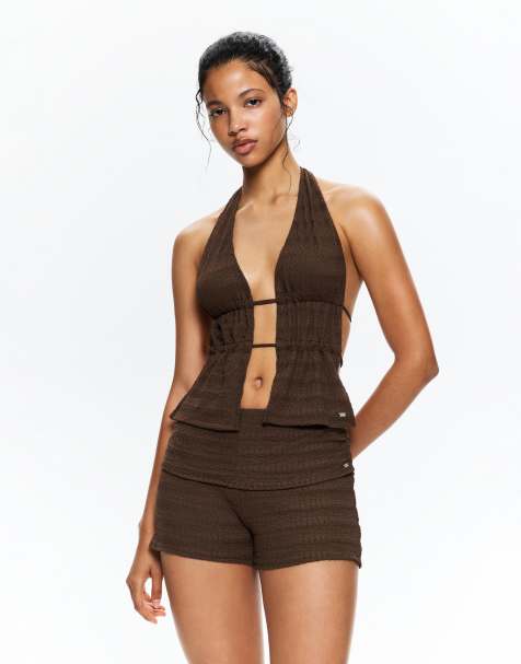 Pull&Bear - Rustieke haltertop in chocoladebruin - view 1