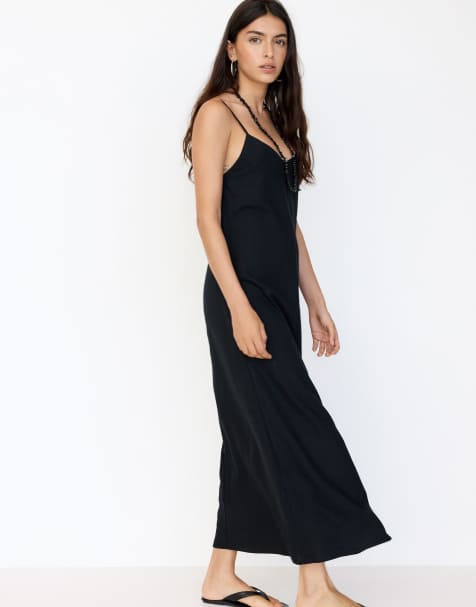 Pull&Bear - Rustieke midi jurk met bandjes in zwart - view 1