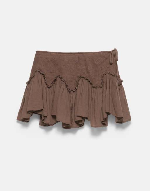Pull&Bear rustieke minirok met ruches in bruin, 6 van 7