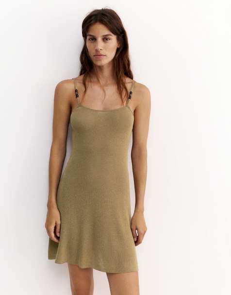 Pull&Bear rustik kjole med perler og stropper i khaki - view 1