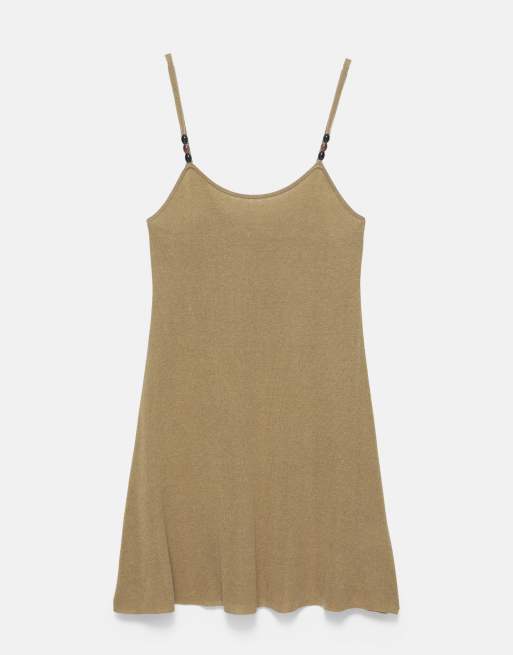 Pull&Bear rustik kjole med perler og stropper i khaki, 4 af 5