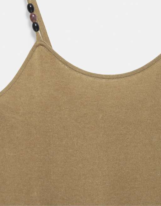 Pull&Bear rustik kjole med perler og stropper i khaki, 5 af 5