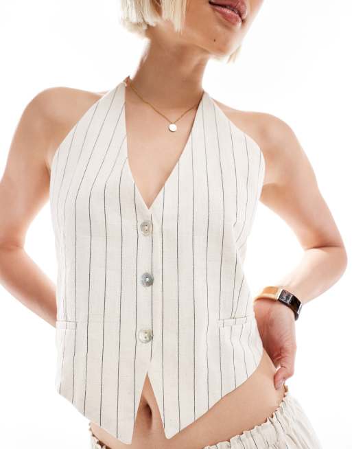 Pull&Bear– Rustikale Neckholder-Weste in Ecru, 3 von 4