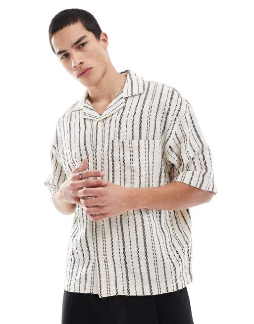 Pull&Bear – Rustikales Hemd in Ecru gestreift