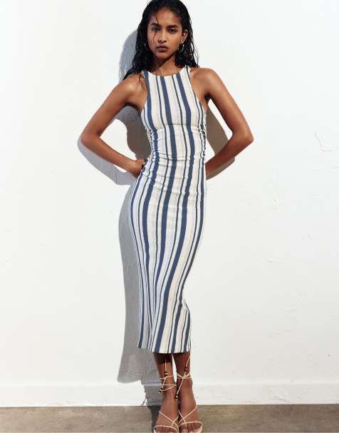 Pull&Bear – Rustikales Midikleid in Blau mit Streifen - view 1