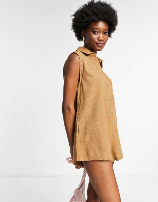 Pull&Bear - Rustrød playsuit i hør