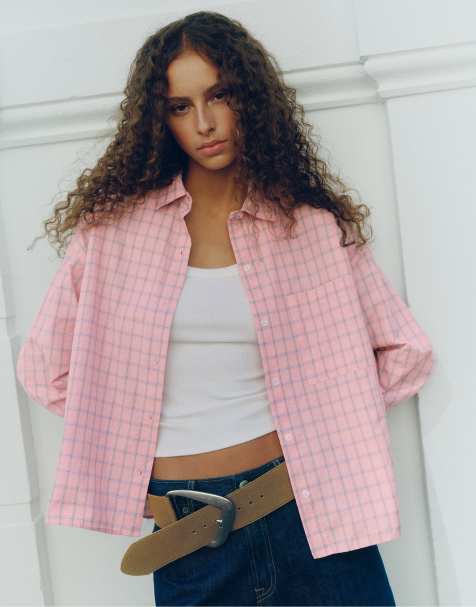 Pull&Bear rutig skjorta med ficka i rosa - view 1