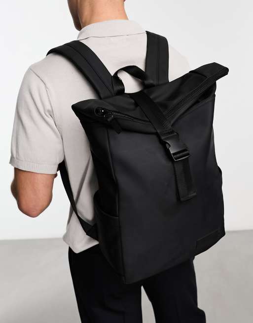 Pull&Bear - Sac à dos avec bord roulé sur le dessus - Noir