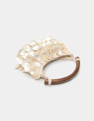 Pull & Bear - Sac à main orné de perles en coquillage - Écru-Blanc