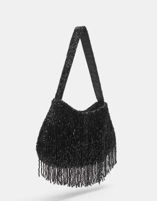 Pull & Bear - Sac porté épaule avec franges et perles - Noir