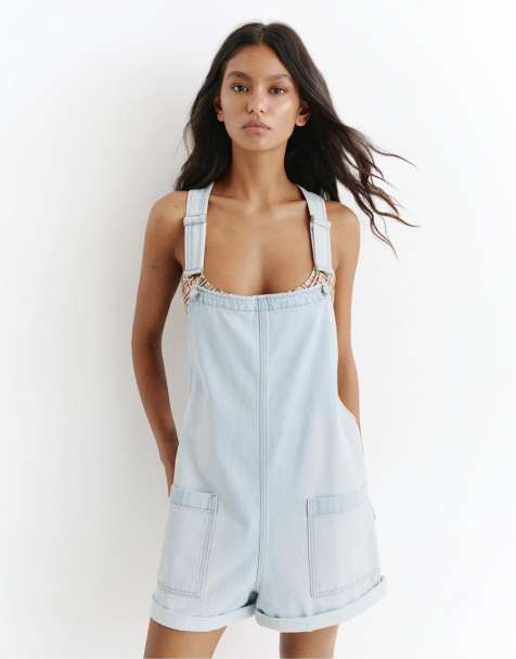 Pull&Bear - Salopette corta in denim blu pallido - view 1