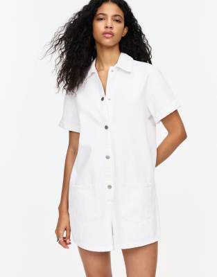 Pull & Bear - Salopette courte en jean - Blanc