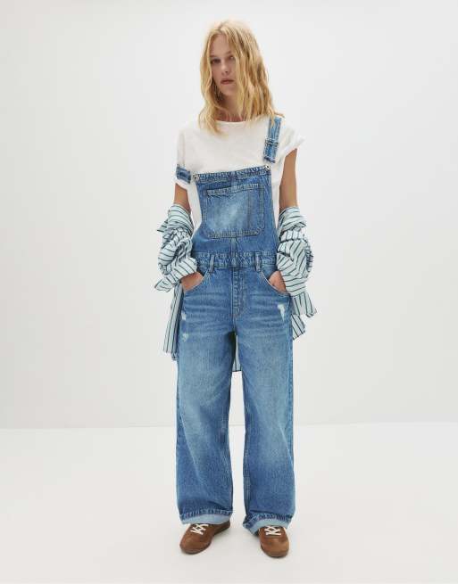 Pull&Bear - Salopette en jean longue - Bleu moyen