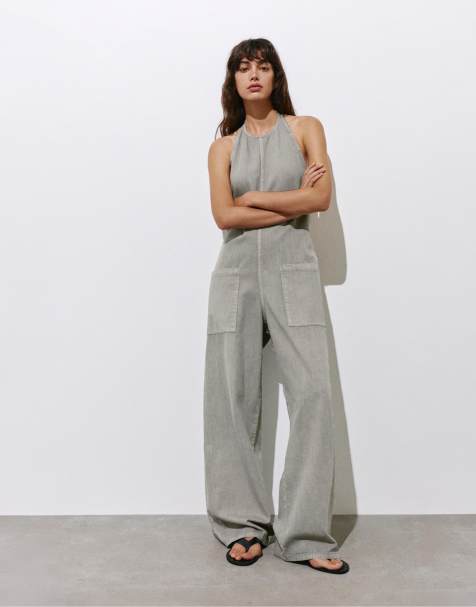 Pull&Bear - Salopette lunga ampia color tortora - view 1