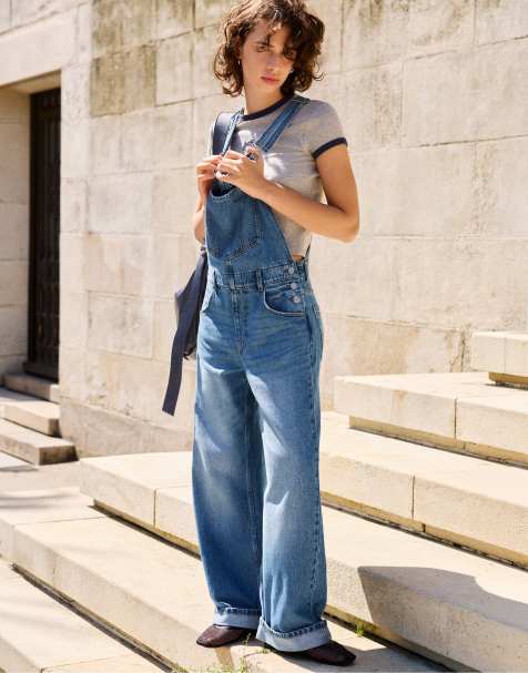 Pull&Bear salopette lunga in denim blu - view 1