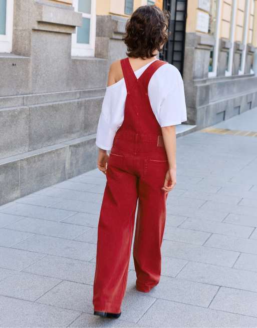 Pull&Bear salopette lunga in denim bordeaux, 2 di 6