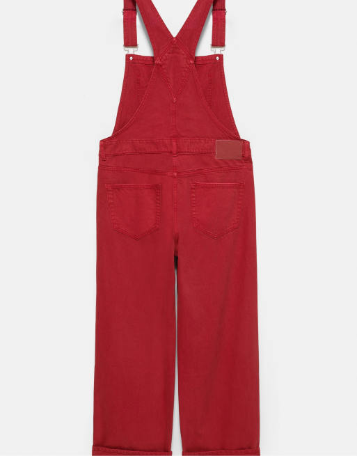 Pull&Bear salopette lunga in denim bordeaux, 6 di 6