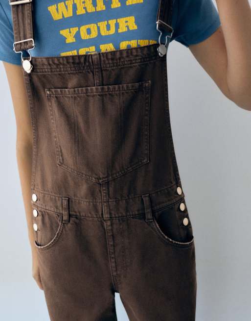 Pull&Bear salopette lunga in denim marrone, 3 di 7