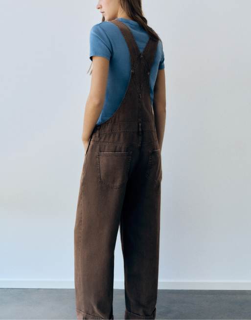 Pull&Bear salopette lunga in denim marrone, 5 di 7