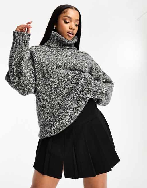 Pull&Bear salt and pepper roll neck knitted jumper in dark grey