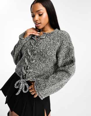 Pull & Bear salt and pepper tie front detail crop jumper in dark grey