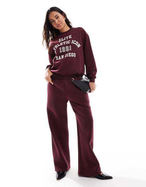 Pull&Bear San Diego graphic wide leg sweatpants in burgundy - part of a set