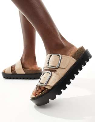 Pull & Bear - Sandalen aus Wildlederimitat in Steinbeige mit zwei Riemen-Neutral