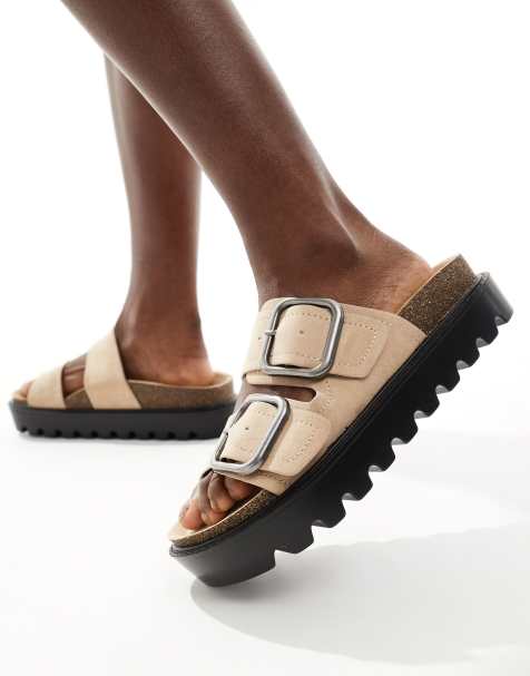 Pull&Bear – Sandalen aus Wildlederimitat in Steinbeige mit zwei Riemen - view 1