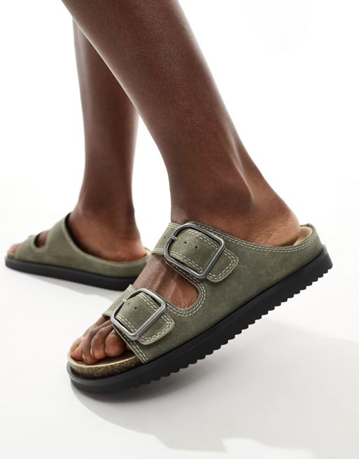 Pull&Bear – Sandalen in Khaki mit Kontrastnaht, zwei Riemen und Schnallendetail