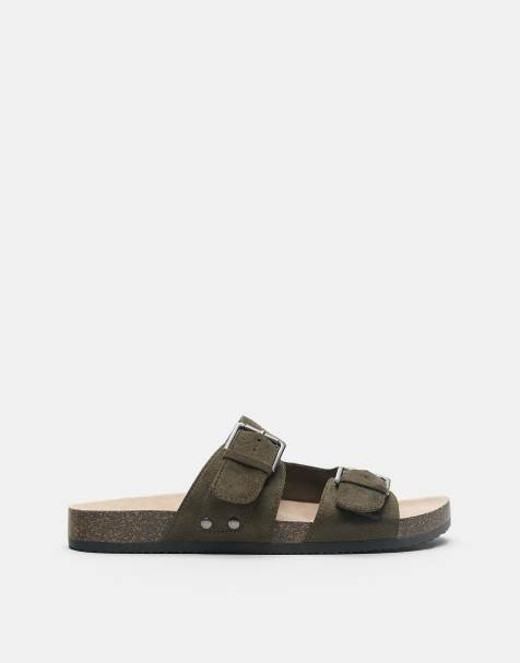 Pull&Bear – Sandalen in Khaki mit Schnallen - view 1