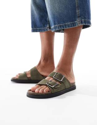 Sandales en cuir  deux brides - Kaki - Pull & bear - Modalova