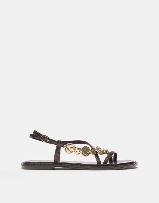 Pull&Bear - Sandales plates à perles - Marron, 2 de 4